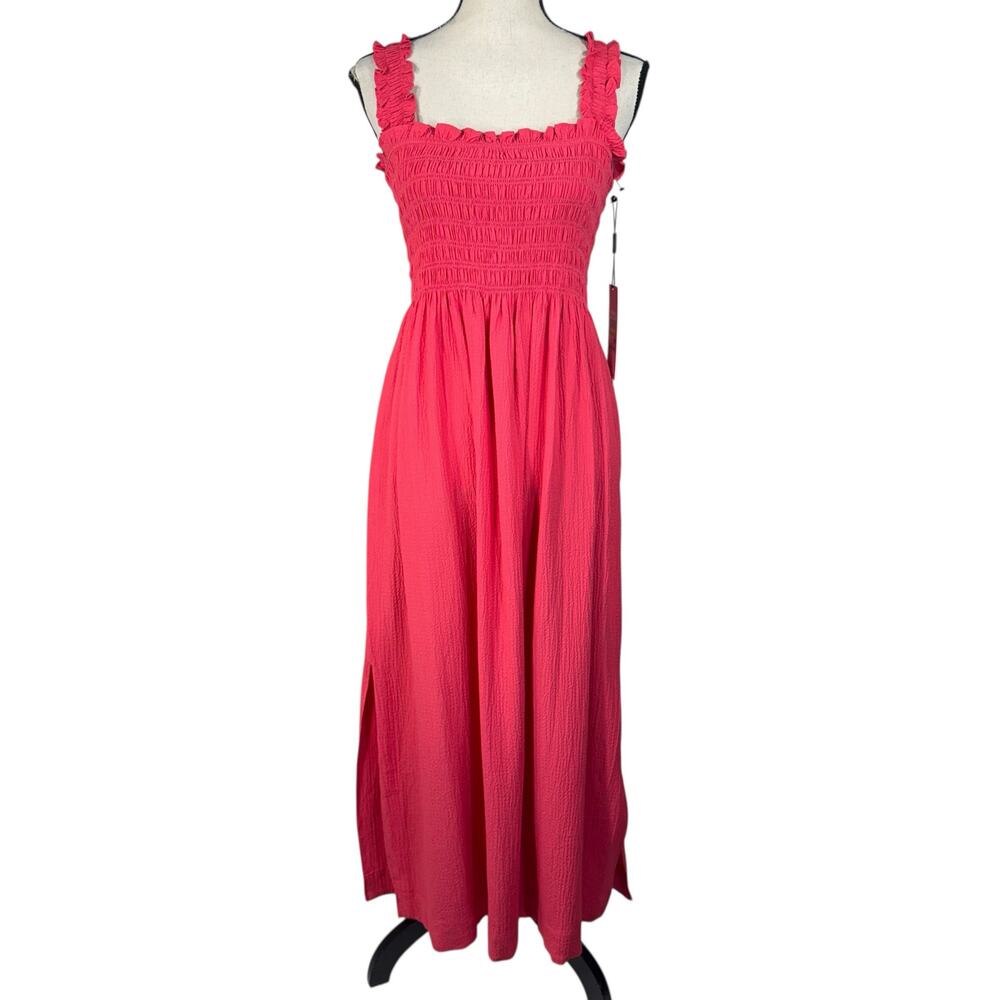 Calvin Klein SZ 4 Maxi Dress Sleeveless Smocked Bodice Slits Gauzy Ruffled Strap